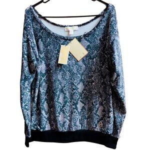 Michael Kors Women's Black Long Sleeve Off Shoulder Snake Velour Top M